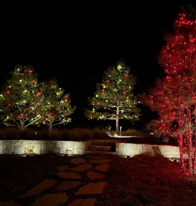 colorful Christmas lights on a Denver area home at dusk