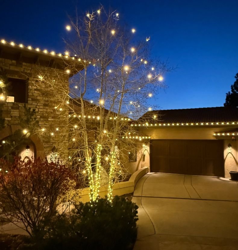 seasonal Christmas light installation on a Colorado Front Range home
